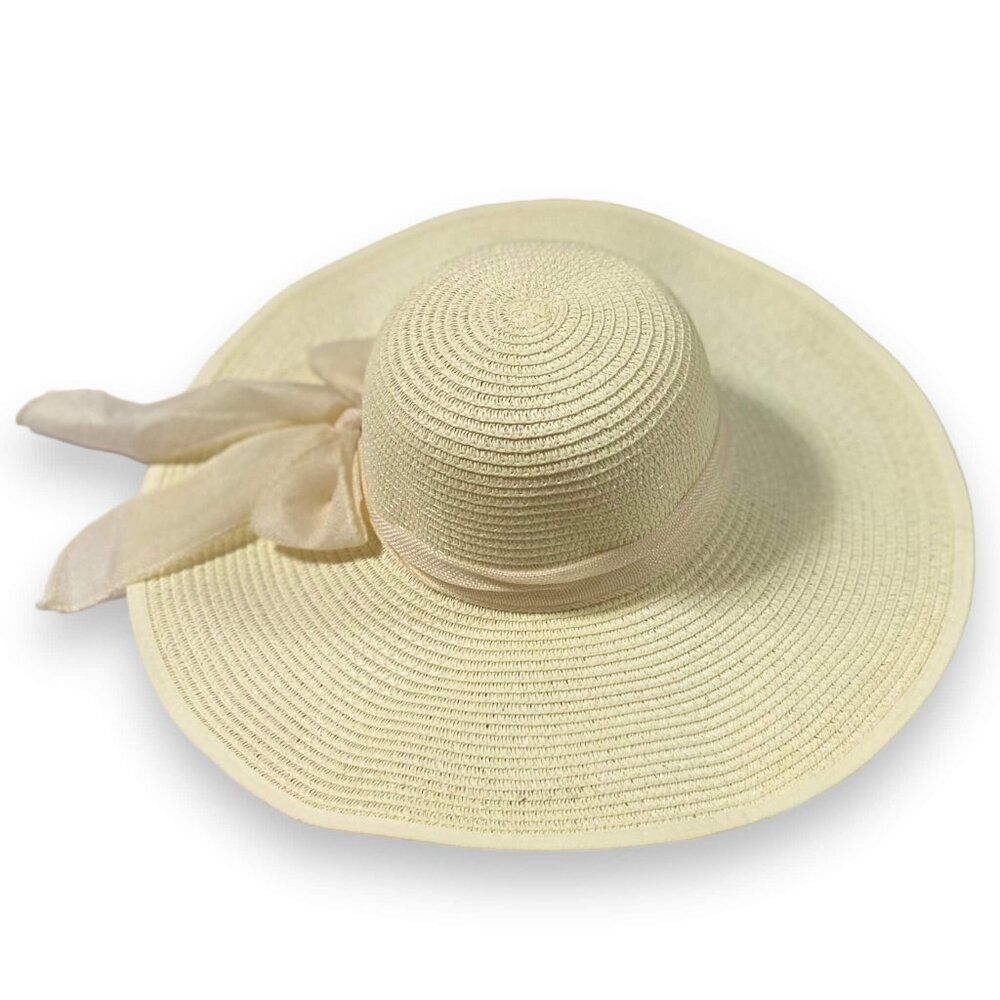 Ivory Extra Wide Brim Round Crown Chin Strap Linen Band and Trim Straw Hat - NEW
